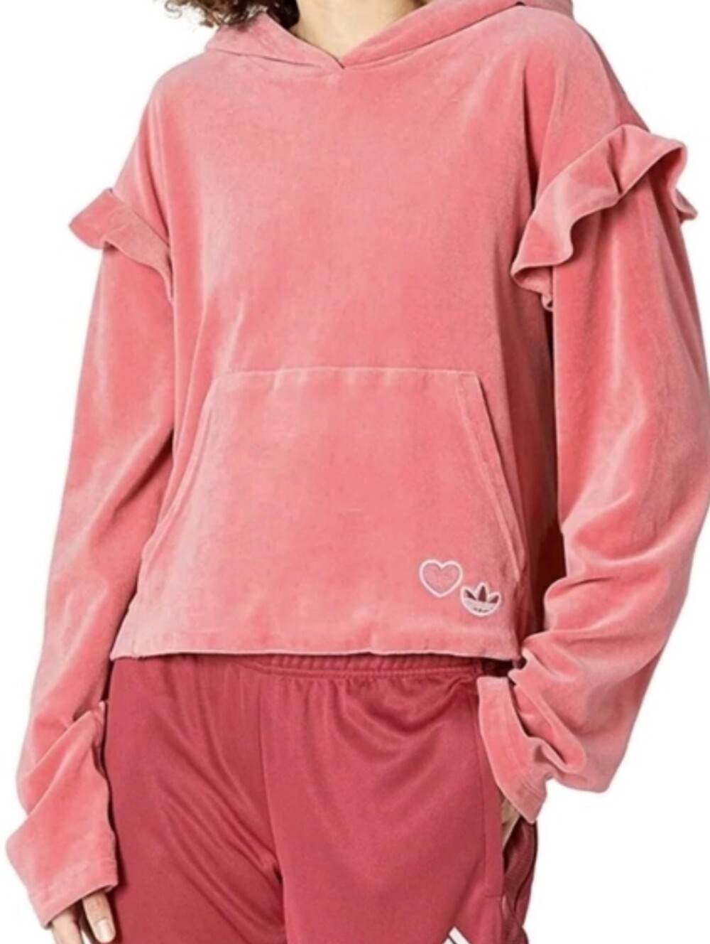 Adidas NWT Velour Pink Bellista Hoodie Ruffle-Sleeve Pullover Size S